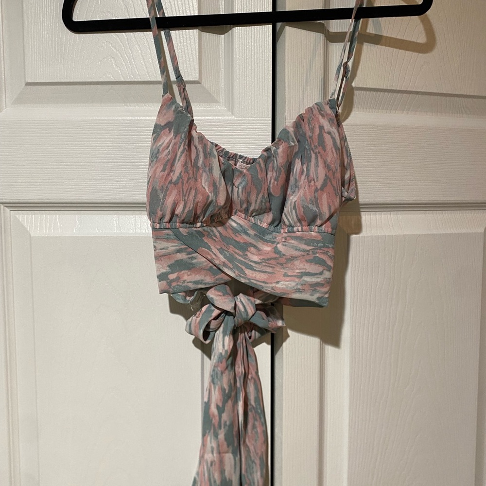 Blue and pink patterned blouse